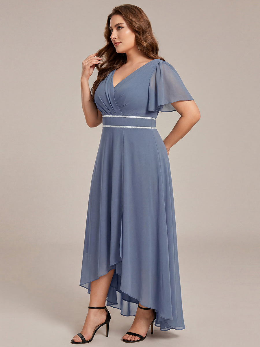Double V-Neck Waist Trimmed Chiffon Formal Evening Dress #color_Dusty Blue