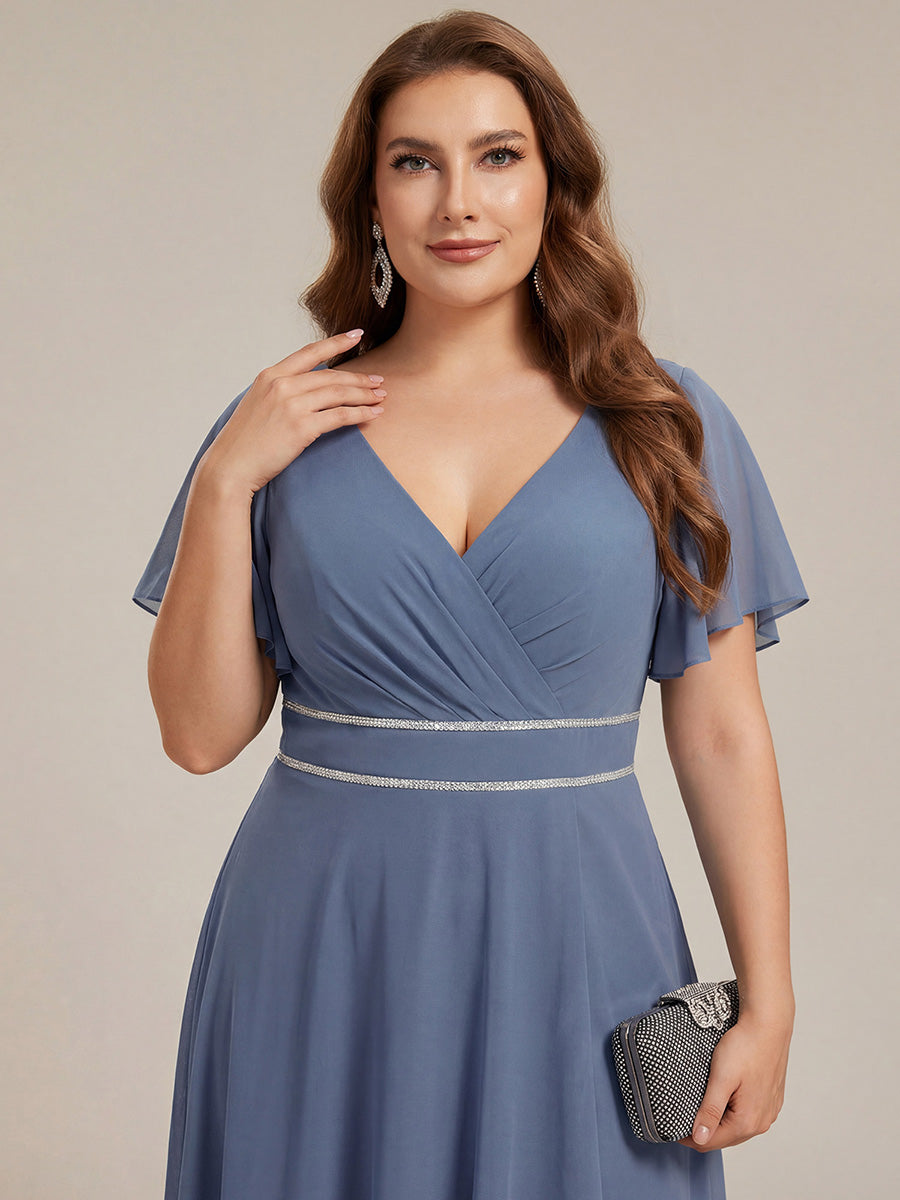 Double V-Neck Waist Trimmed Chiffon Formal Evening Dress #color_Dusty Blue