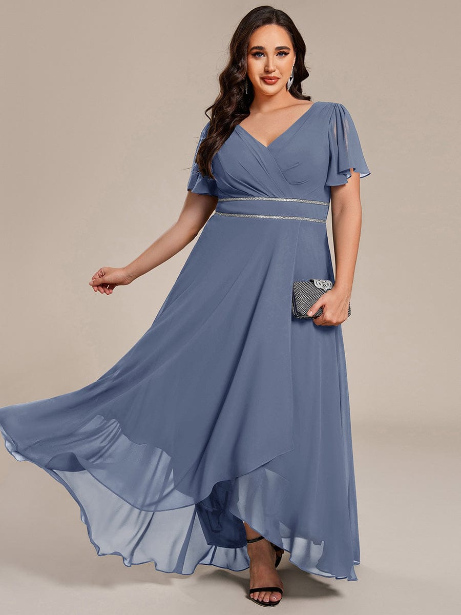 Double V-Neck Waist Trimmed Chiffon Formal Evening Dress #color_Dusty Blue