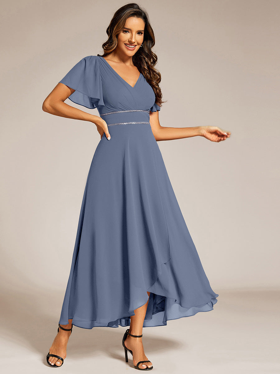 Double V-Neck Waist Trimmed Chiffon Mother of the Bride Dress #color_Dusty Blue