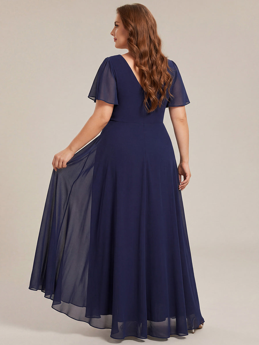 Double V-Neck Waist Trimmed Chiffon Formal Evening Dress #color_Navy Blue