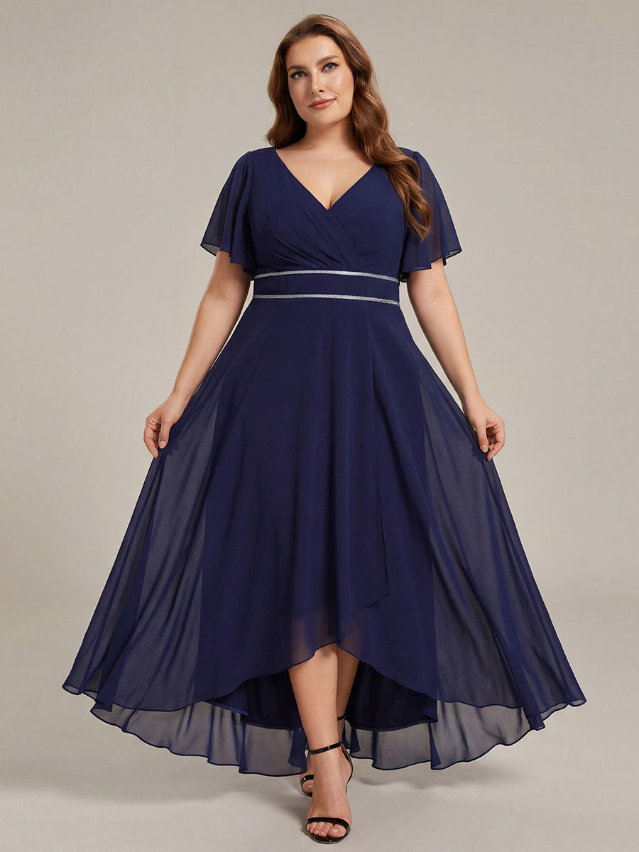 Plus Size V-Neck Rhinestone Waist Chiffon Maxi Formal Evening Dress #color_Navy Blue