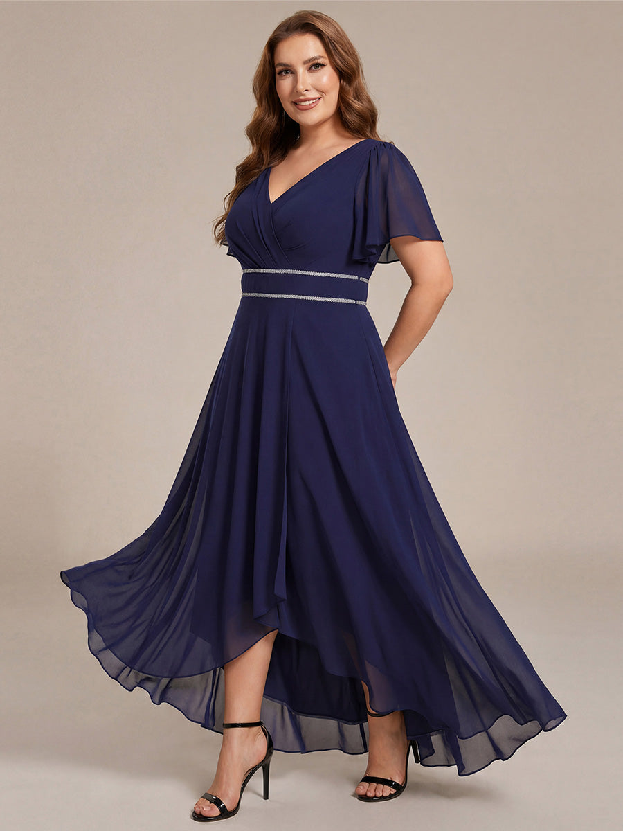 Plus Size V-Neck Rhinestone Waist Chiffon Maxi Formal Evening Dress #color_Navy Blue