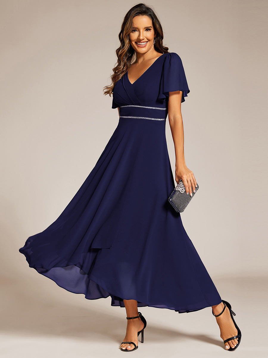 Double V-Neck Waist Trimmed Chiffon Formal Evening Dress #color_Navy Blue