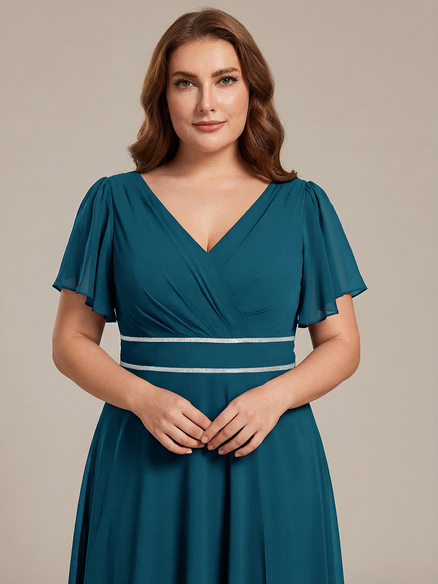 Double V-Neck Waist Trimmed Chiffon Formal Evening Dress #color_Teal Blue