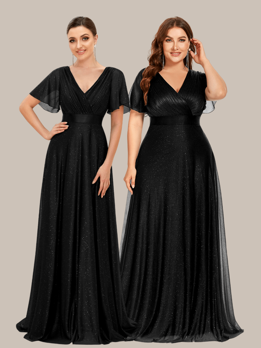 Sparkling Short Sleeve V-Neck Ribbon Waist A-Line Evening Dress #color_Dark Purple