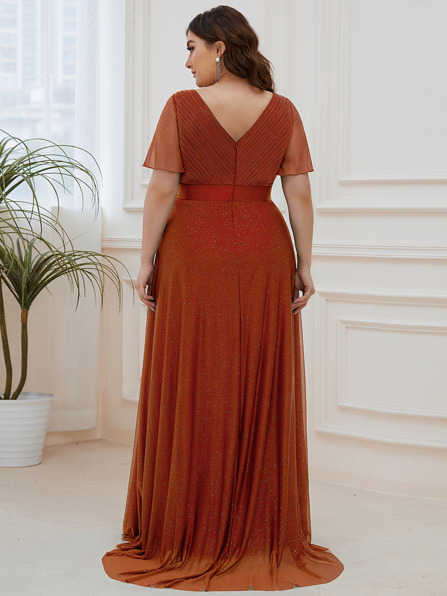 Sparkling Short Sleeve V-Neck Ribbon Waist Plus Size Formal Evening Dress #color_Burnt Orange