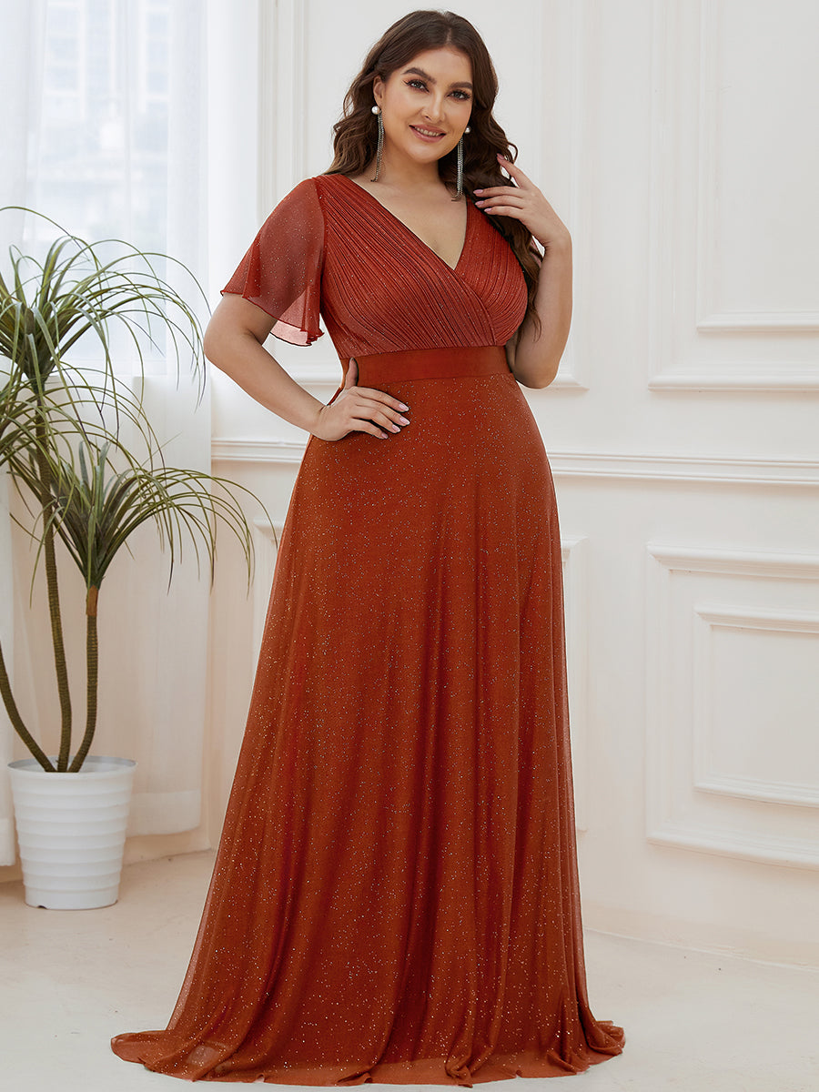 Sparkling Short Sleeve V-Neck Ribbon Waist A-Line Evening Dress #color_Burnt Orange