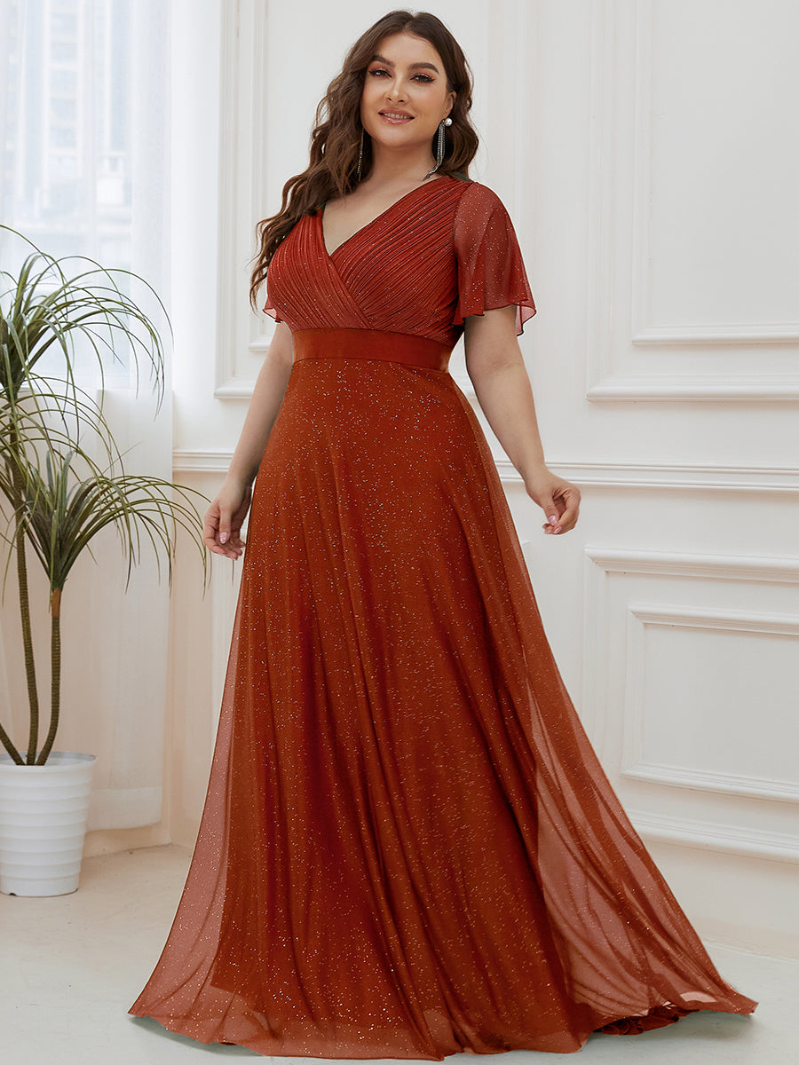 Sparkling Short Sleeve V-Neck Ribbon Waist Plus Size Formal Evening Dress #color_Burnt Orange