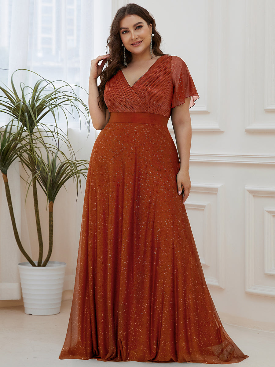 Sparkling Short Sleeve V-Neck Ribbon Waist Plus Size Formal Evening Dress #color_Burnt Orange