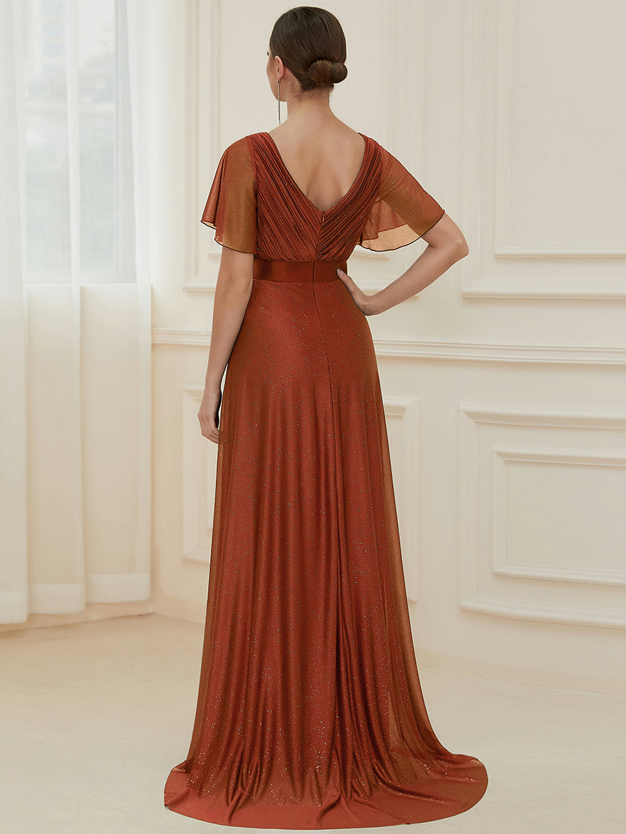 Sparkling Short Sleeve V-Neck Ribbon Waist A-Line Evening Dress #color_Burnt Orange