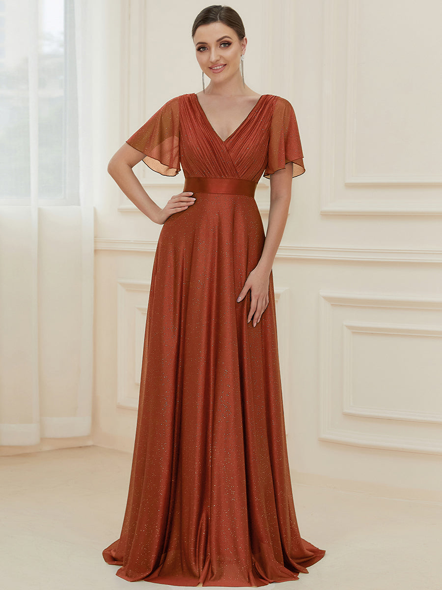 Sparkling Short Sleeve V-Neck Ribbon Waist A-Line Evening Dress #color_Burnt Orange