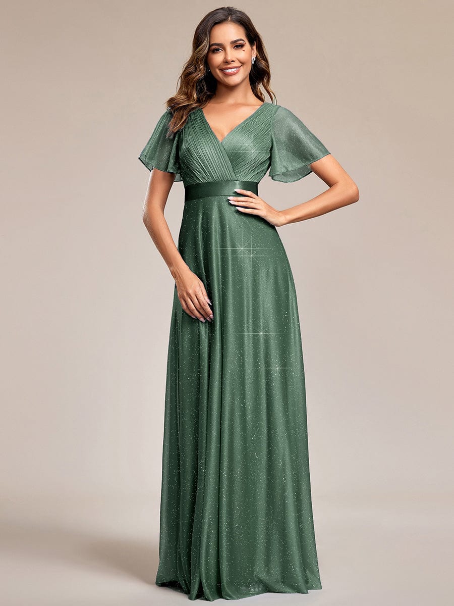 Sparkling Short Sleeve V-Neck Ribbon Waist A-Line Evening Dress #color_Eucalyptus