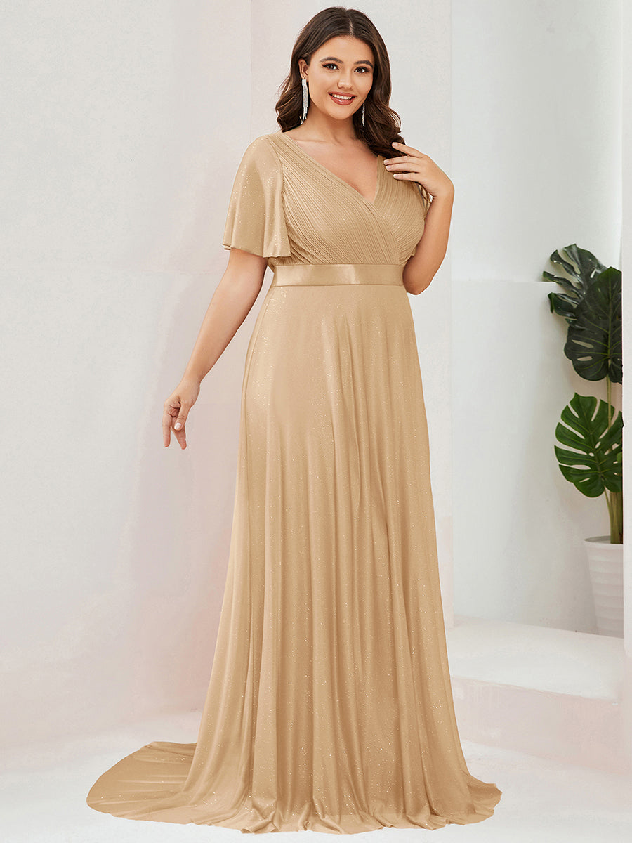 Sparkling Short Sleeve V-Neck Ribbon Waist Plus Size Formal Evening Dress #color_Gold