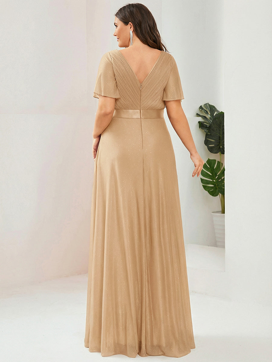 Sparkling Short Sleeve V-Neck Ribbon Waist Plus Size Formal Evening Dress #color_Gold