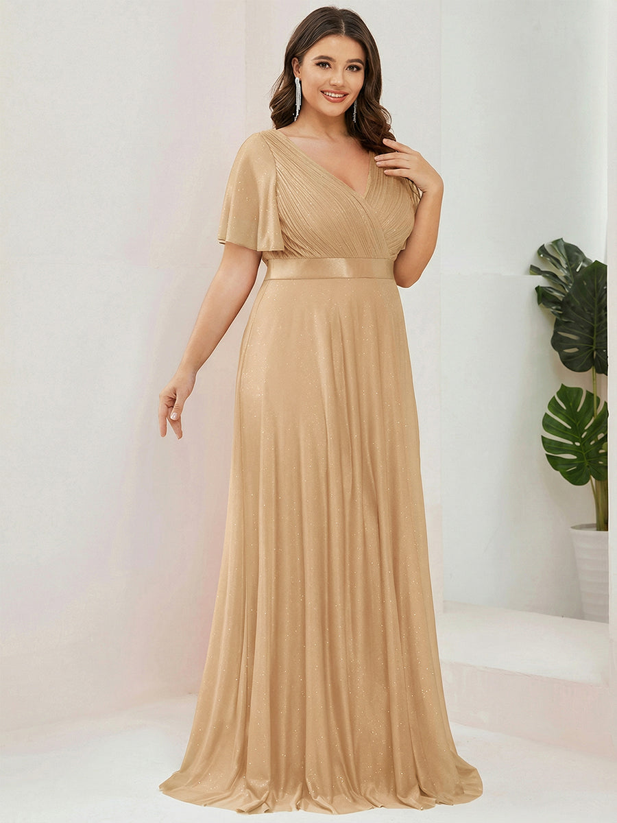 Sparkling Short Sleeve V-Neck Ribbon Waist A-Line Evening Dress #color_Gold