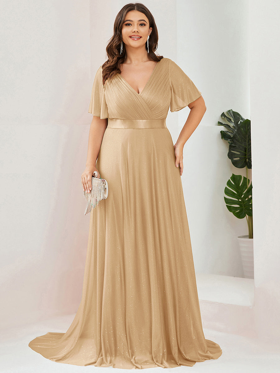 Sparkling Short Sleeve V-Neck Ribbon Waist A-Line Evening Dress #color_Gold