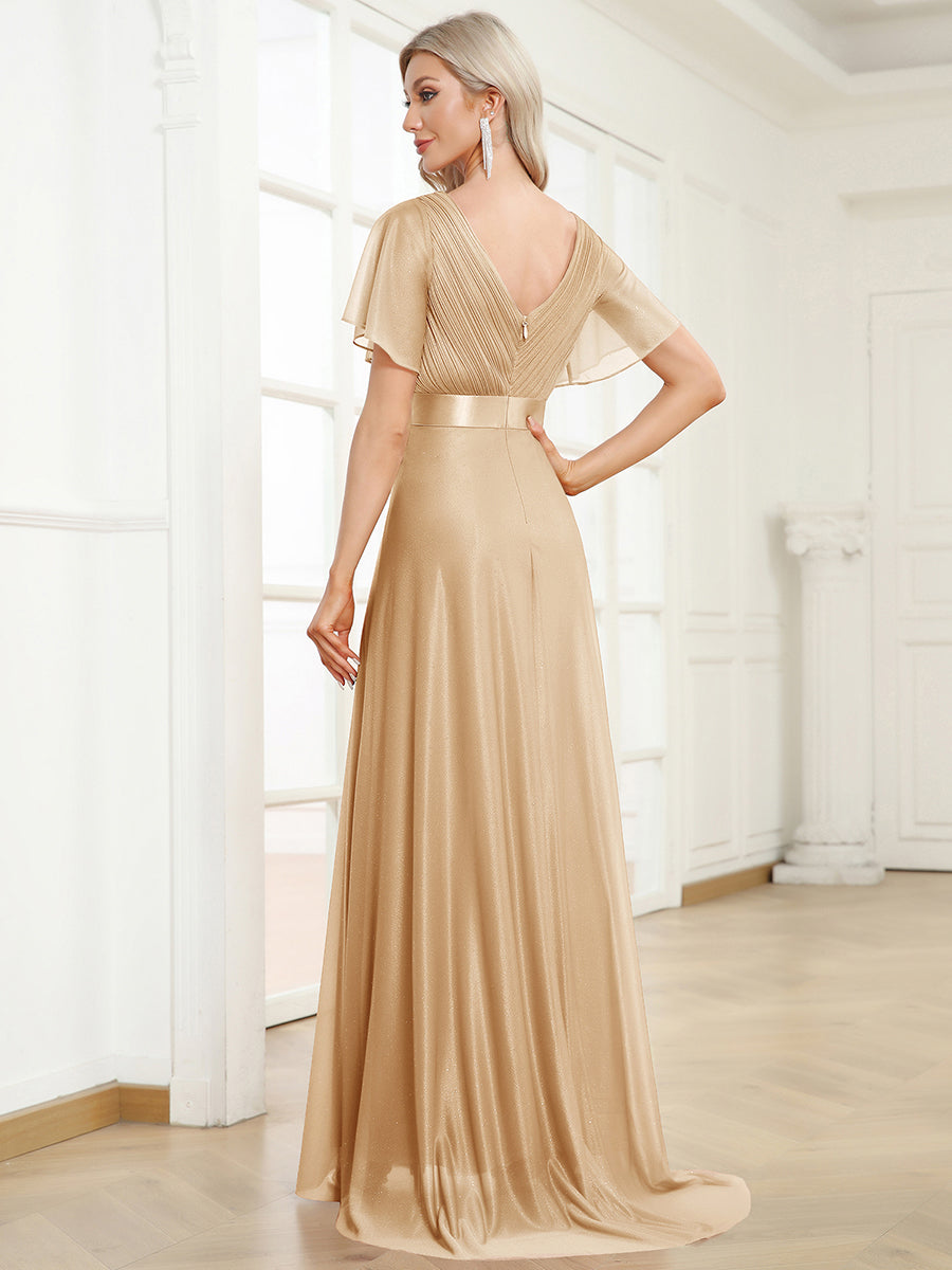 Sparkling Short Sleeve V-Neck Ribbon Waist A-Line Evening Dress #color_Gold