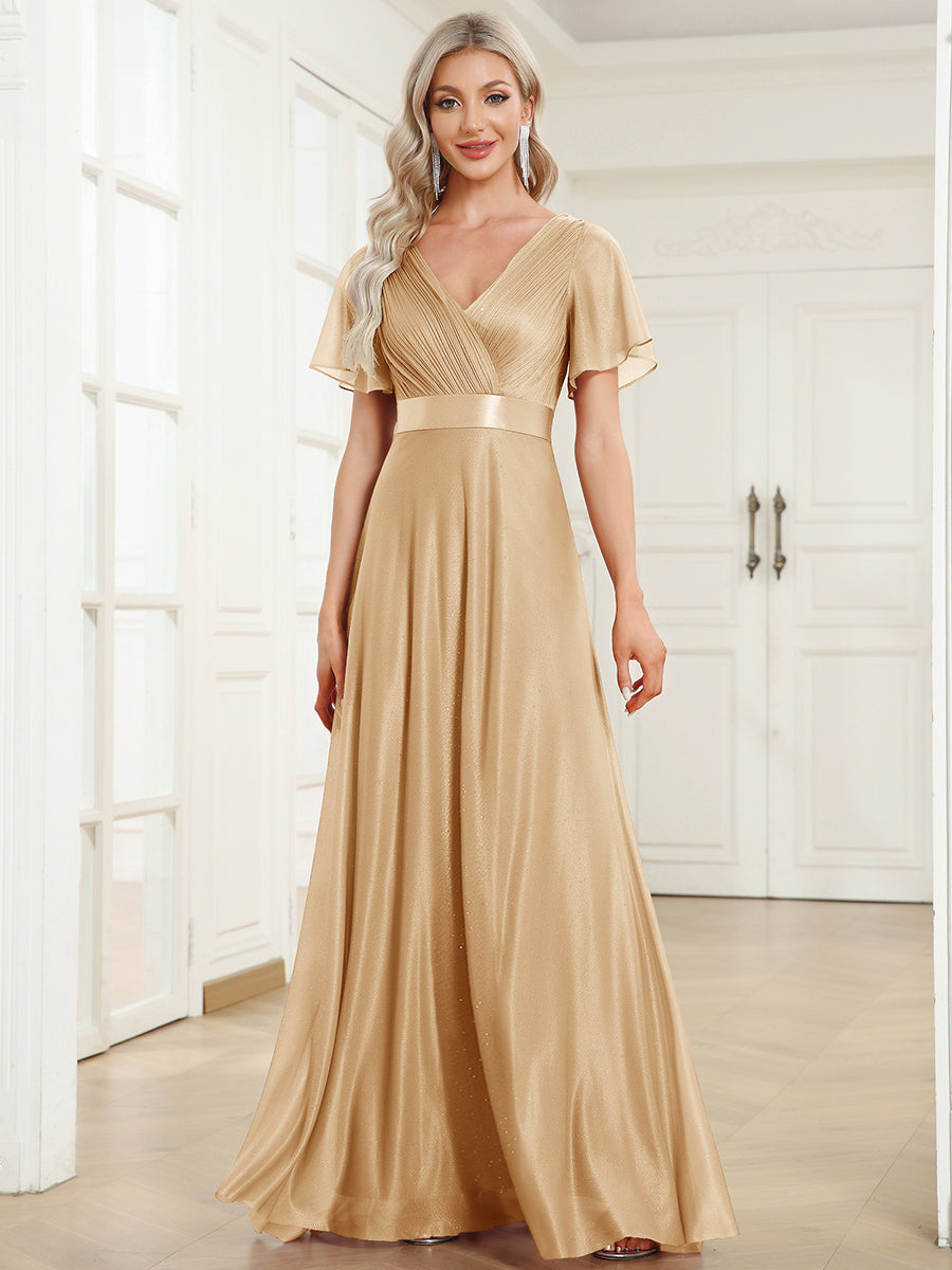 Sparkling Short Sleeve V-Neck Ribbon Waist A-Line Evening Dress #color_Gold