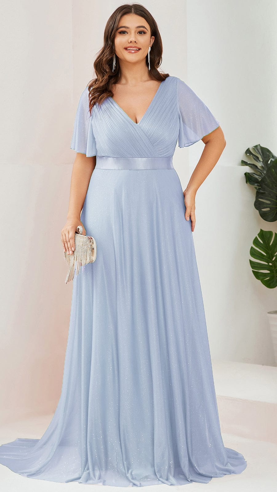 Sparkling Short Sleeve V-Neck Ribbon Waist Plus Size Formal Evening Dress #color_Ice Blue