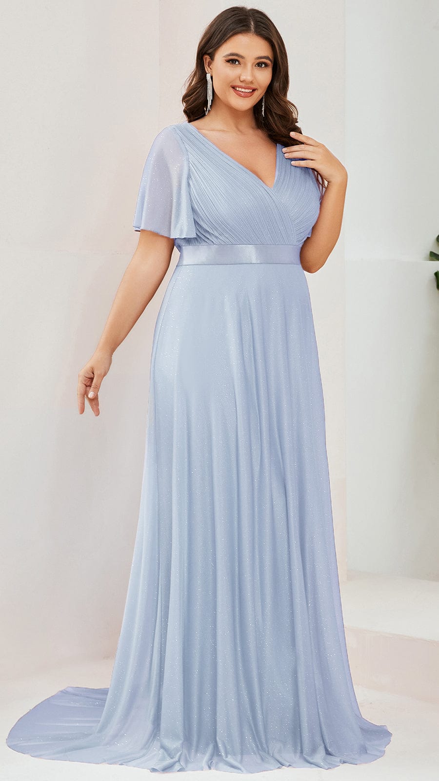 Sparkling Short Sleeve V-Neck Ribbon Waist Plus Size Formal Evening Dress #color_Ice Blue
