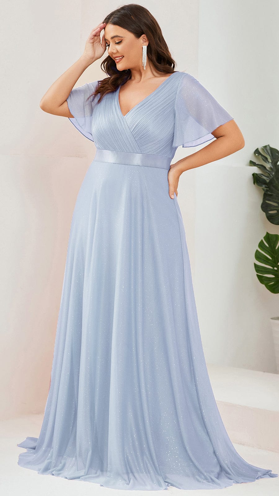 Sparkling Short Sleeve V-Neck Ribbon Waist Plus Size Formal Evening Dress #color_Ice Blue