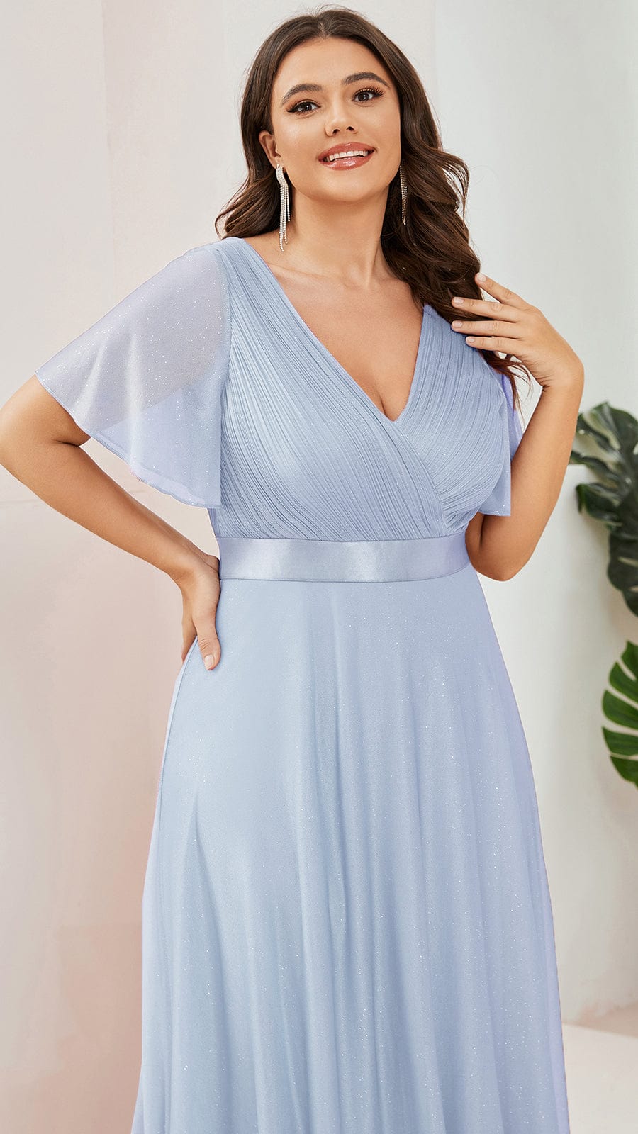 Sparkling Short Sleeve V-Neck Ribbon Waist Plus Size Formal Evening Dress #color_Ice Blue