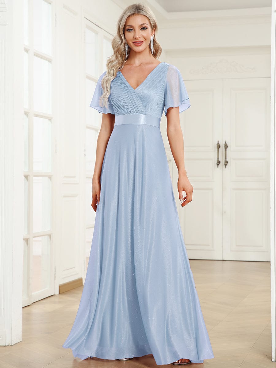 Sparkling Short Sleeve V-Neck Ribbon Waist A-Line Evening Dress #color_Ice Blue
