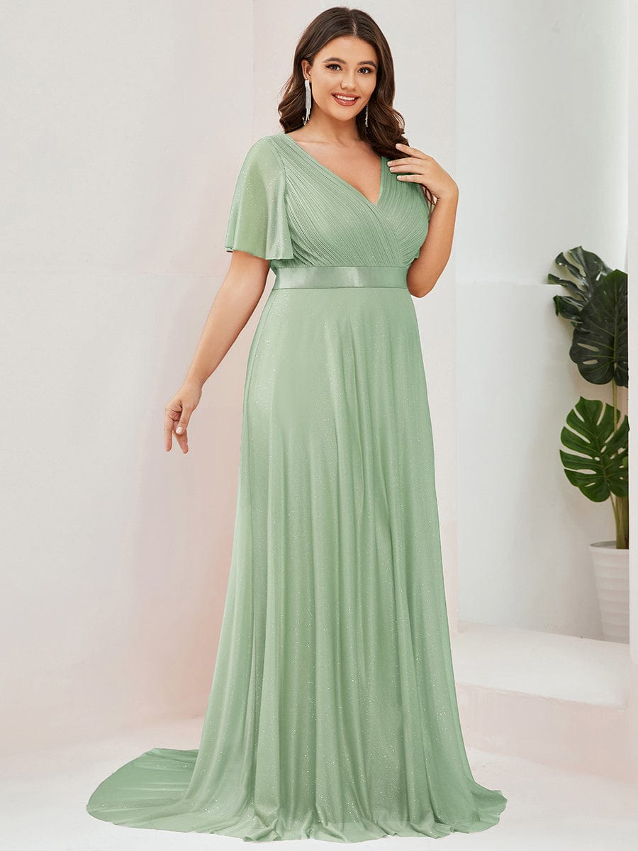 Sparkling Short Sleeve V-Neck Ribbon Waist Plus Size Formal Evening Dress #color_Mint Green
