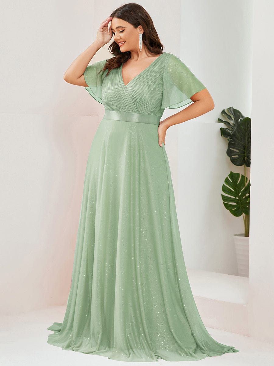 Sparkling Short Sleeve V-Neck Ribbon Waist Plus Size Formal Evening Dress #color_Mint Green