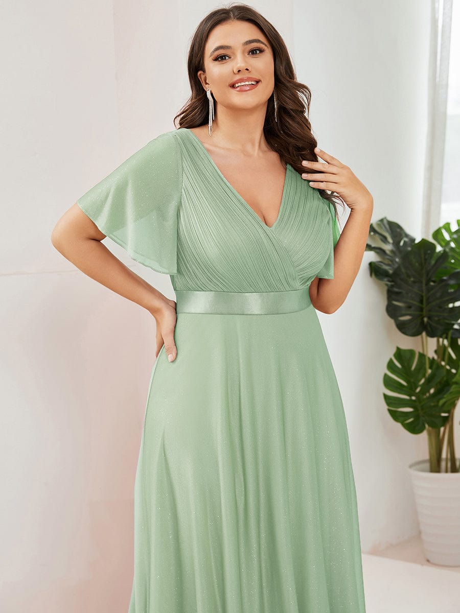 Sparkling Short Sleeve V-Neck Ribbon Waist Plus Size Formal Evening Dress #color_Mint Green