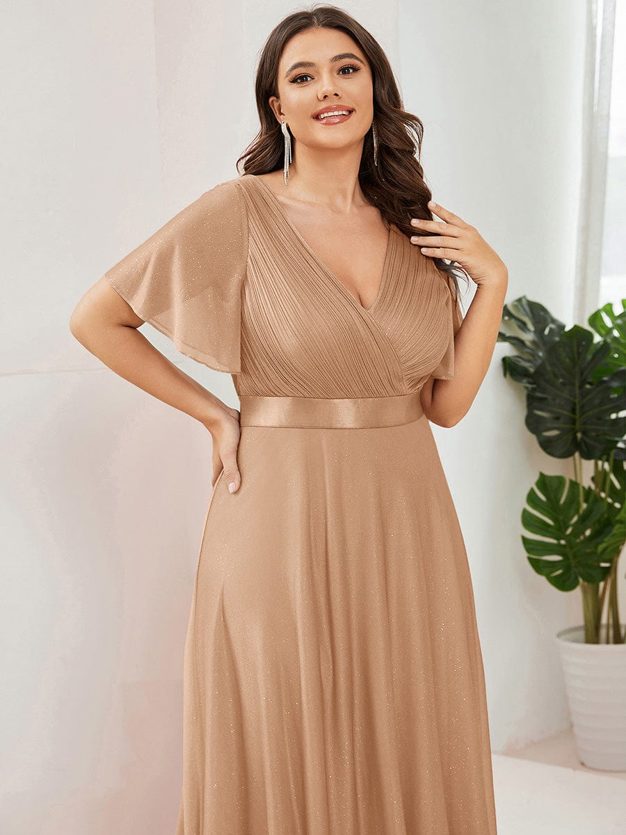 Sparkling Short Sleeve V-Neck Ribbon Waist Plus Size Formal Evening Dress #color_Rose Gold
