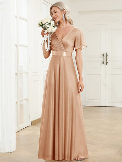 Sparkling Short Sleeve V-Neck Ribbon Waist A-Line Evening Dress #color_Rose Gold