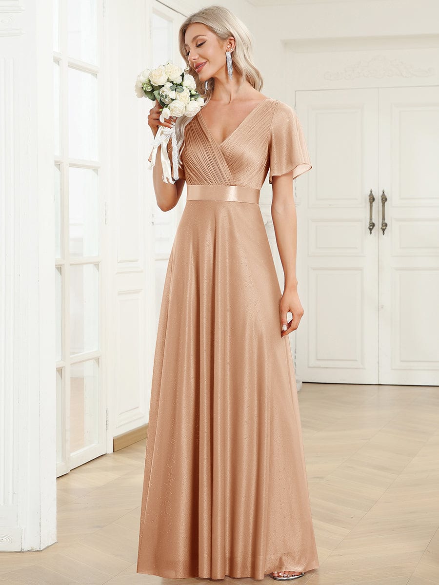 Sparkling Short Sleeve V-Neck Ribbon Waist A-Line Evening Dress #color_Rose Gold