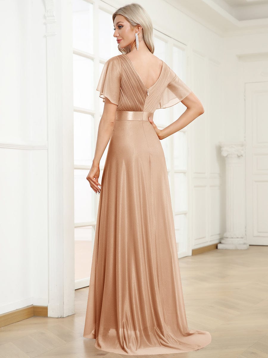 Sparkling Short Sleeve V-Neck Ribbon Waist A-Line Evening Dress #color_Rose Gold