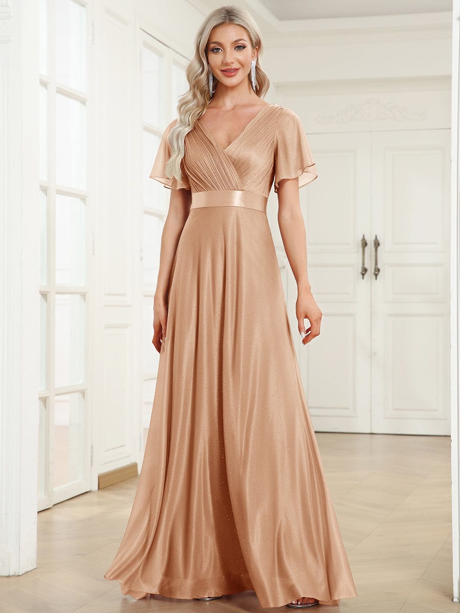 Sparkling Short Sleeve V-Neck Ribbon Waist A-Line Evening Dress #color_Rose Gold