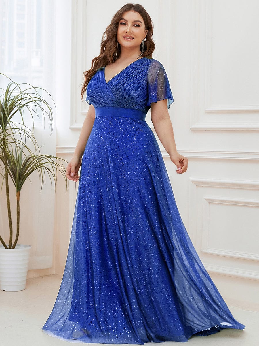 Sparkling Short Sleeve V-Neck Ribbon Waist Plus Size Formal Evening Dress #color_Sapphire Blue