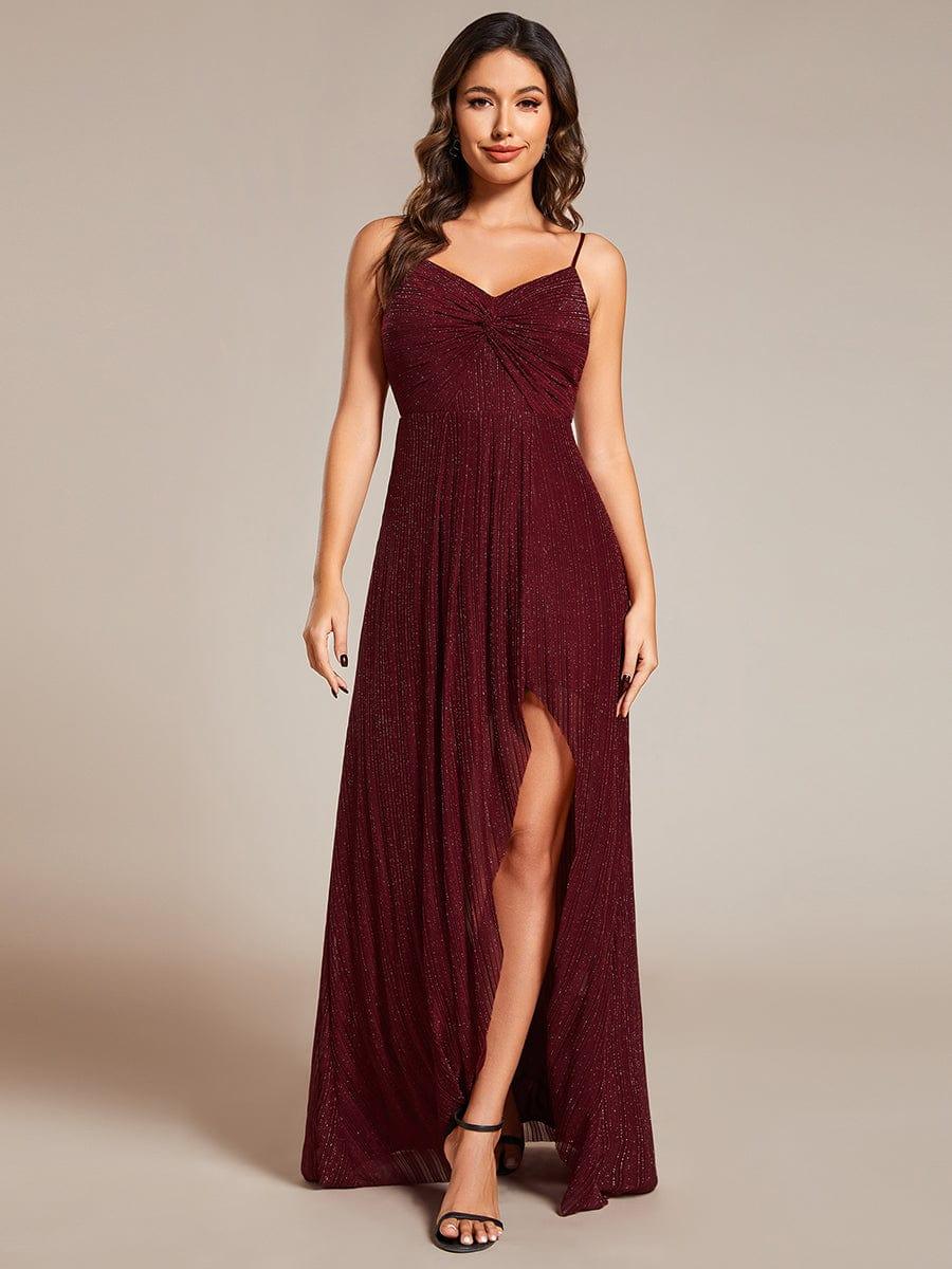 Elegant High Slit V-Neck Sleeveless Formal Evening Dress with Pleating #color_Burgundy