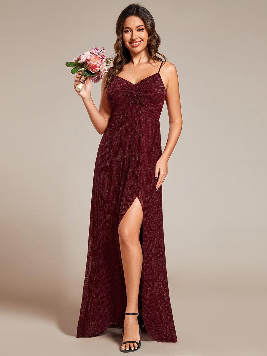 Elegant High Slit V-Neck Sleeveless Formal Evening Dress with Pleating #color_Burgundy