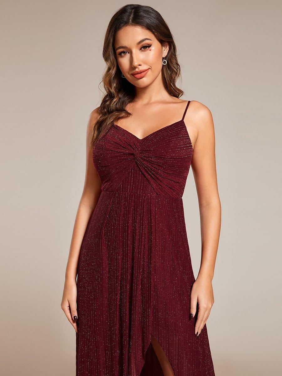 Elegant High Slit V-Neck Sleeveless Formal Evening Dress with Pleating #color_Burgundy