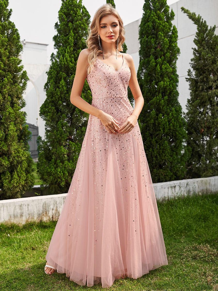 Sequined Tulle High-Waisted A-Line Sleeveless Evening Dress with V-Neck #color_Pink
