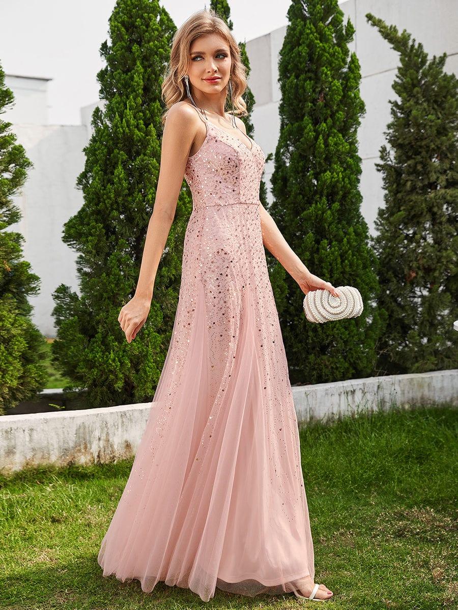 Sequined Tulle High-Waisted A-Line Sleeveless Evening Dress with V-Neck #color_Pink