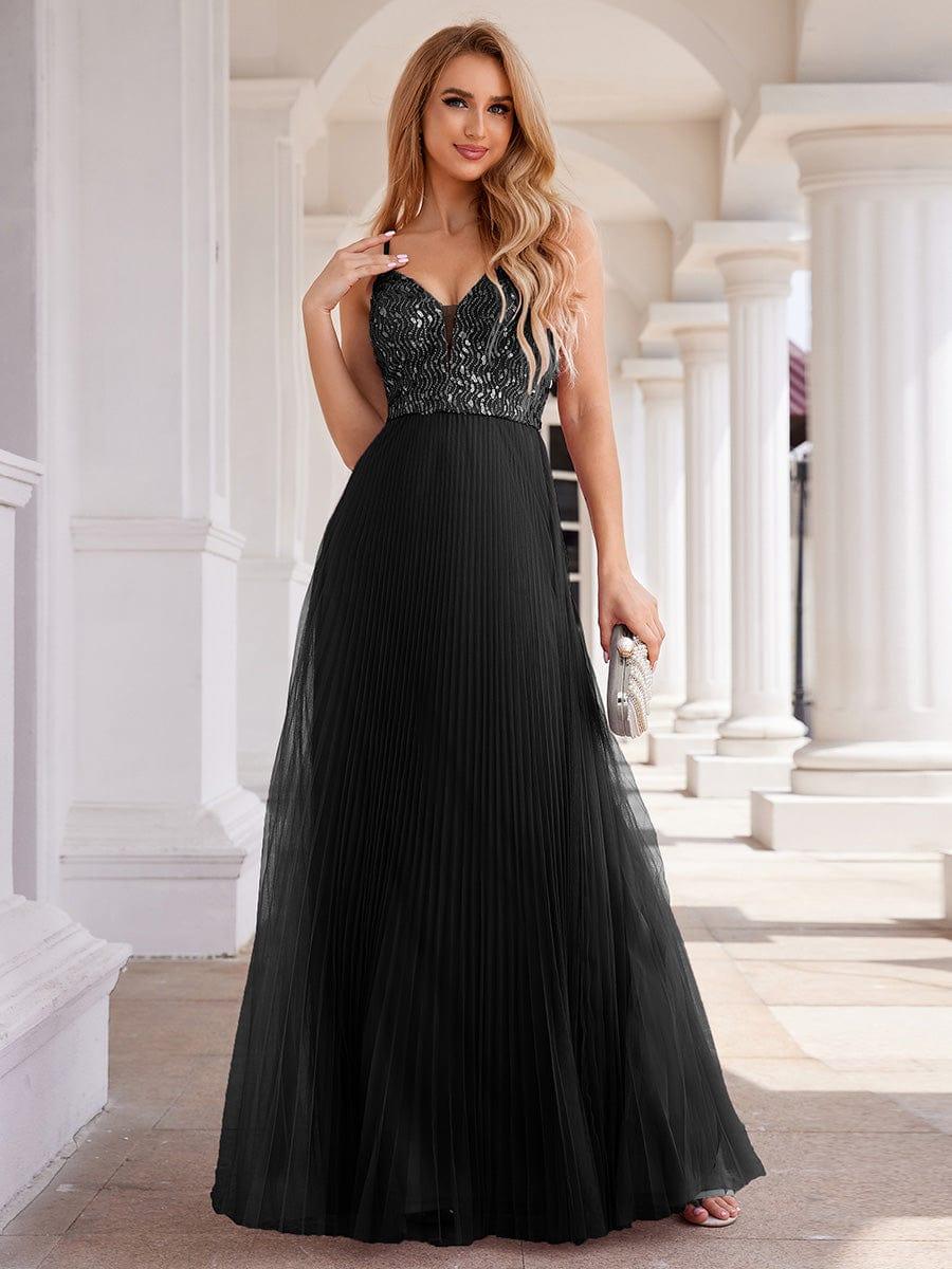 High-Waist V-Neck Sequined Bodice Sleeveless Backless Evening Dress #color_Black