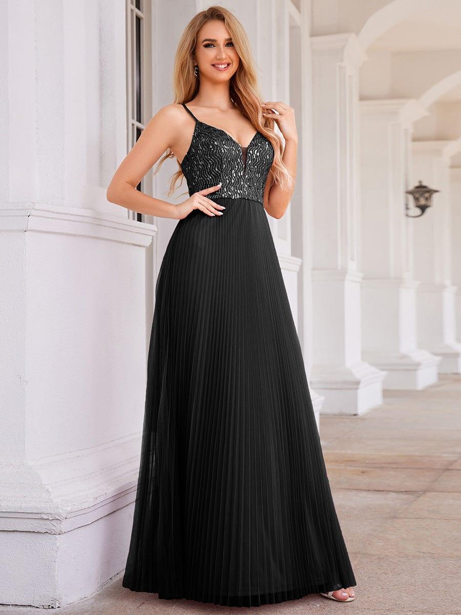 High-Waist V-Neck Sequined Bodice Sleeveless Backless Evening Dress #color_Black