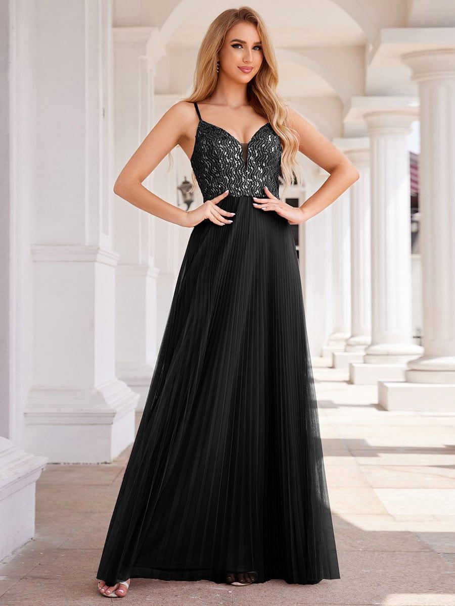 High-Waist V-Neck Sequined Bodice Sleeveless Backless Evening Dress #color_Black
