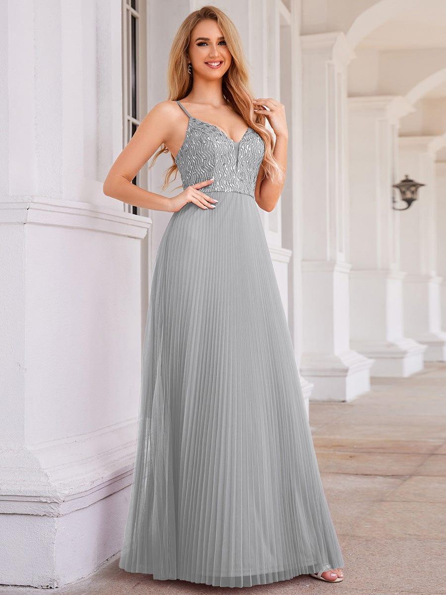 High-Waist V-Neck Sequined Bodice Sleeveless Backless Evening Dress #color_Grey