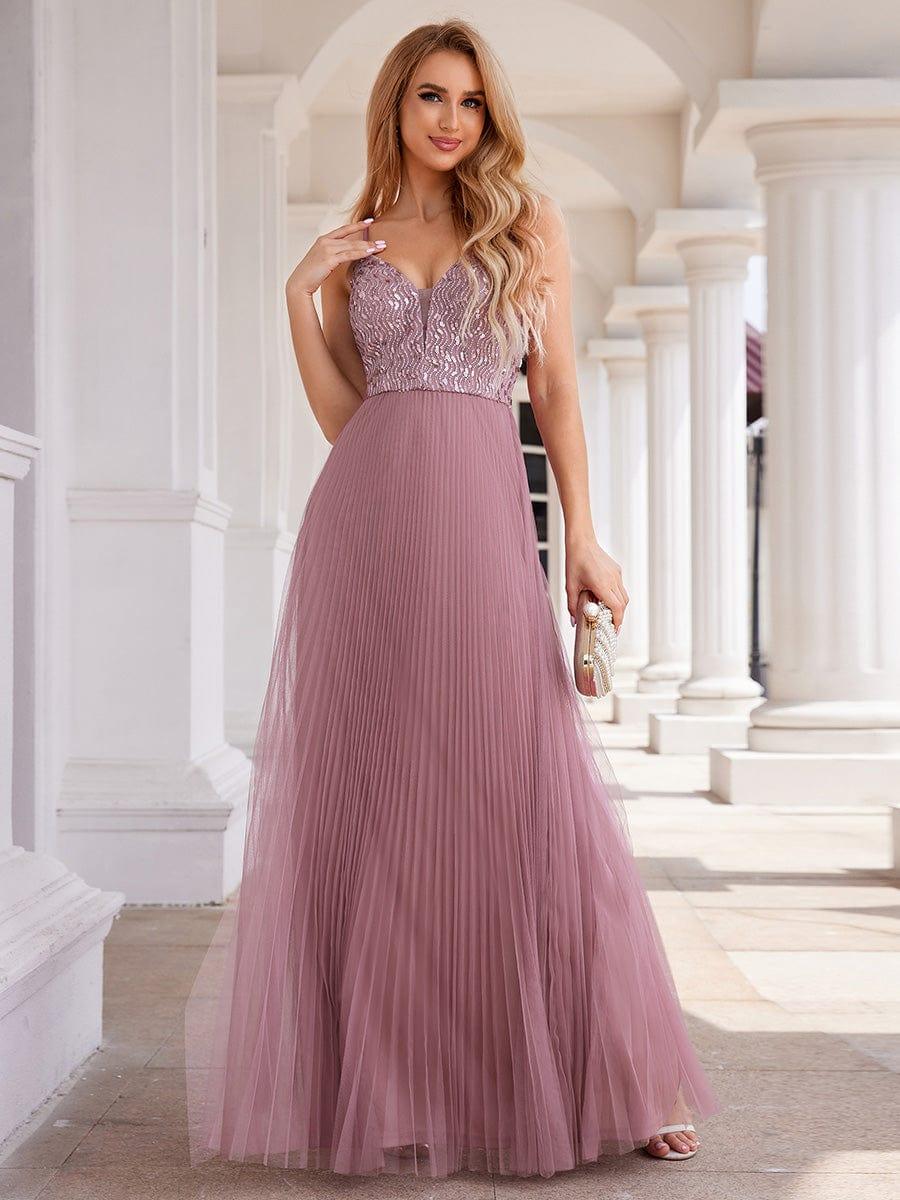 High-Waist V-Neck Sequined Bodice Sleeveless Backless Evening Dress #color_Purple Orchid