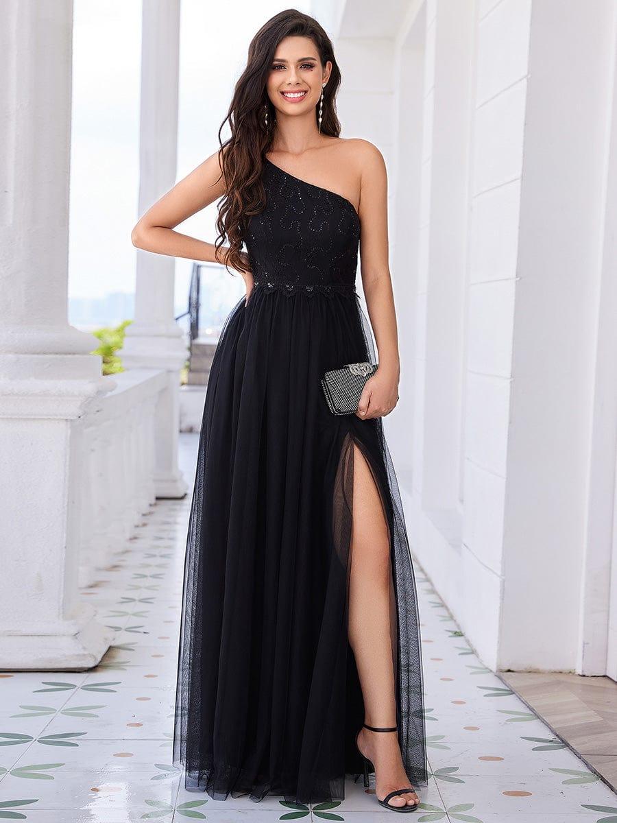 One-Shoulder Embellished Tulle Formal Evening Dress #color_Black