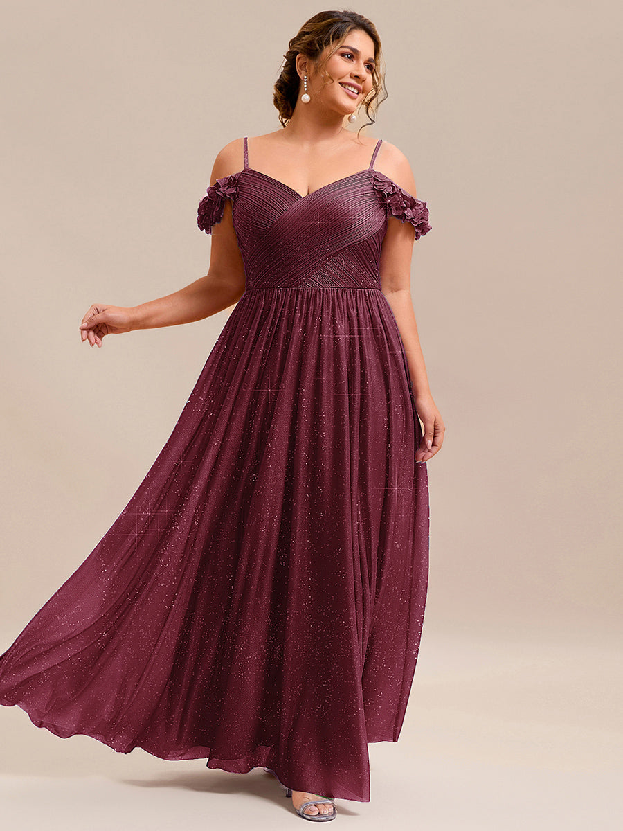 Sparkling V-Neck Floral Cold-Shoulder Evening Dress with Pleated #color_Burgundy