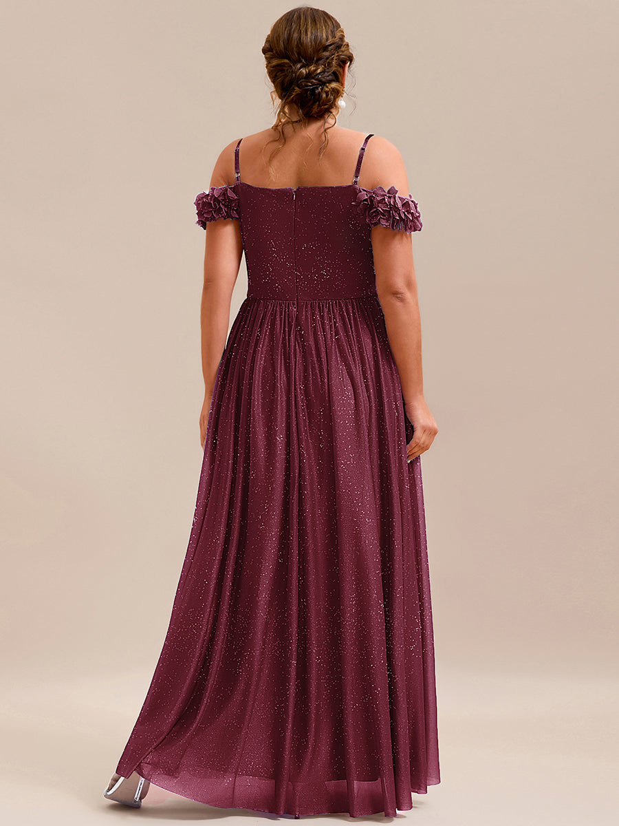 Sparkling V-Neck Floral Cold-Shoulder Evening Dress with Pleated #color_Burgundy